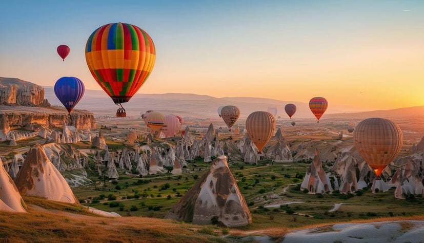 A scenic view of Cappadocia's hot air balloons at sunrise.
