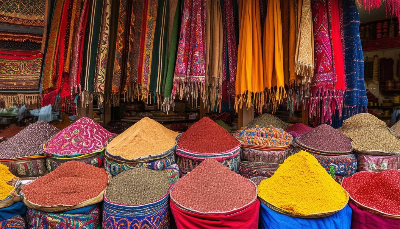 A vibrant Turkish bazaar filled with colorful textiles and spices.