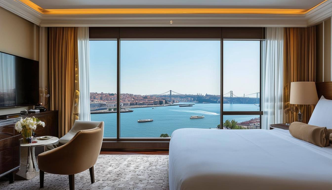 Luxury hotel room with a view of the Bosphorus Strait.